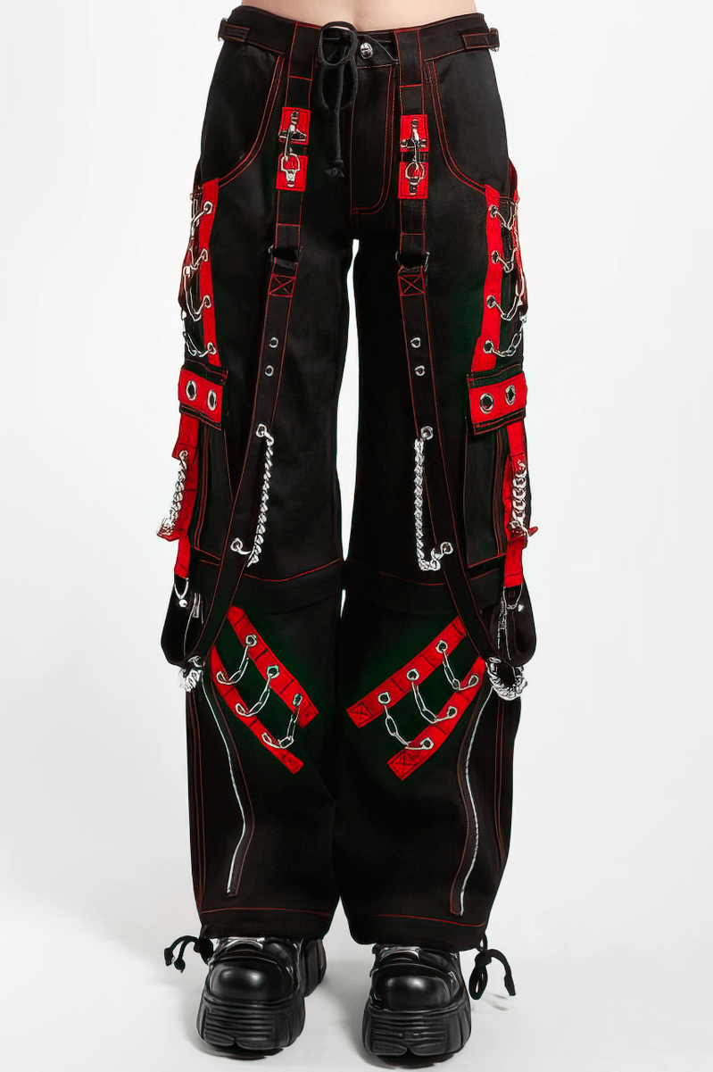 Women’s gothic punk wide-leg cargo pants featuring red accents and chain details for a trendy, casual look.
