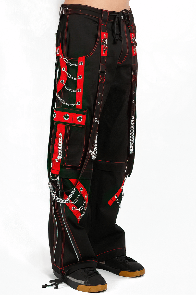 Stylish women's black wide-leg cargo pants with punk chains and red accents, perfect for a casual yet edgy look.