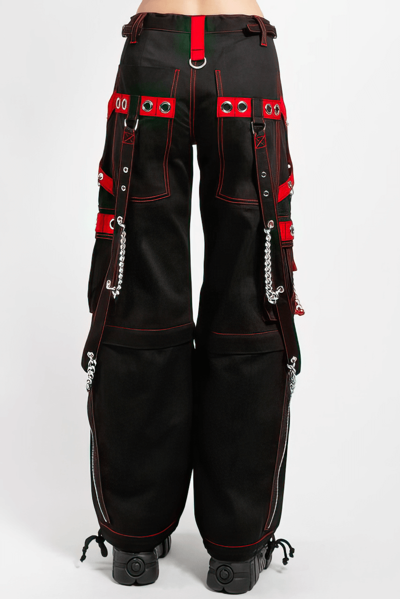 Women's Gothic punk black wide-leg cargo pants with chain inserts and red accents, perfect for a stylish casual look.