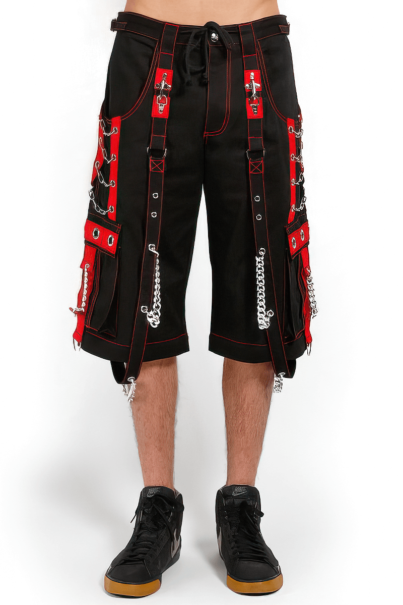 Men's black and red punk cargo shorts with chains and straps for a stylish streetwear look.