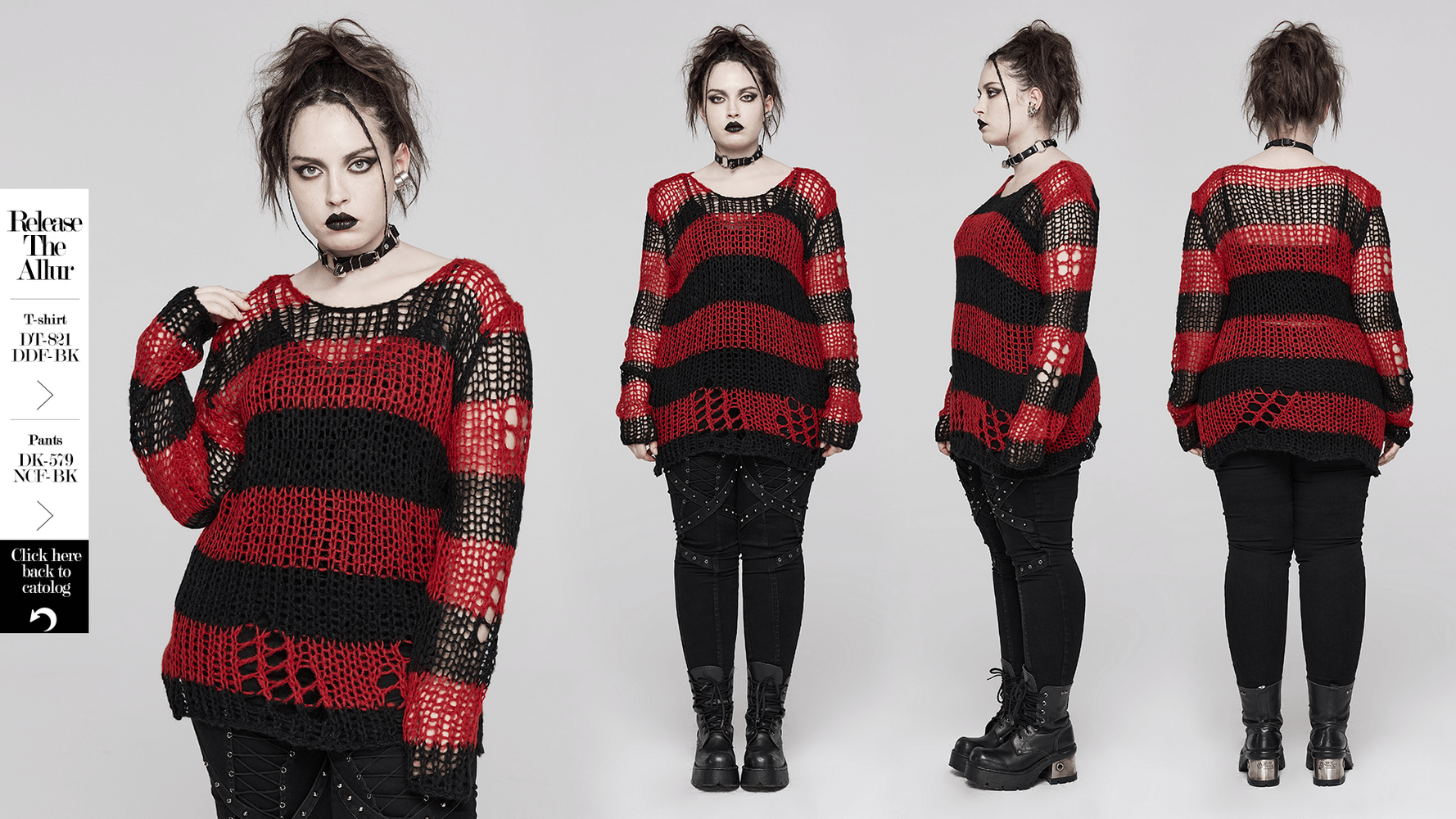 Stylish women gothic striped mohair pullover sweater with edgy holes and dramatic oversized fit.