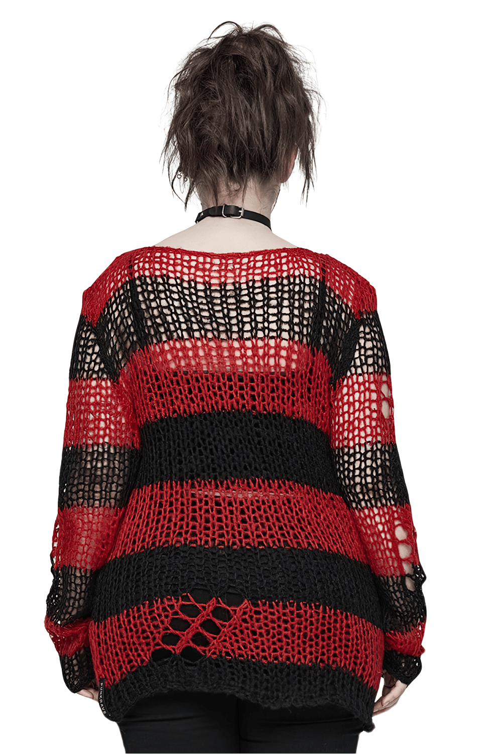 Back view of a Gothic striped mohair pullover sweater in red and black, featuring an oversized fit and edgy design.