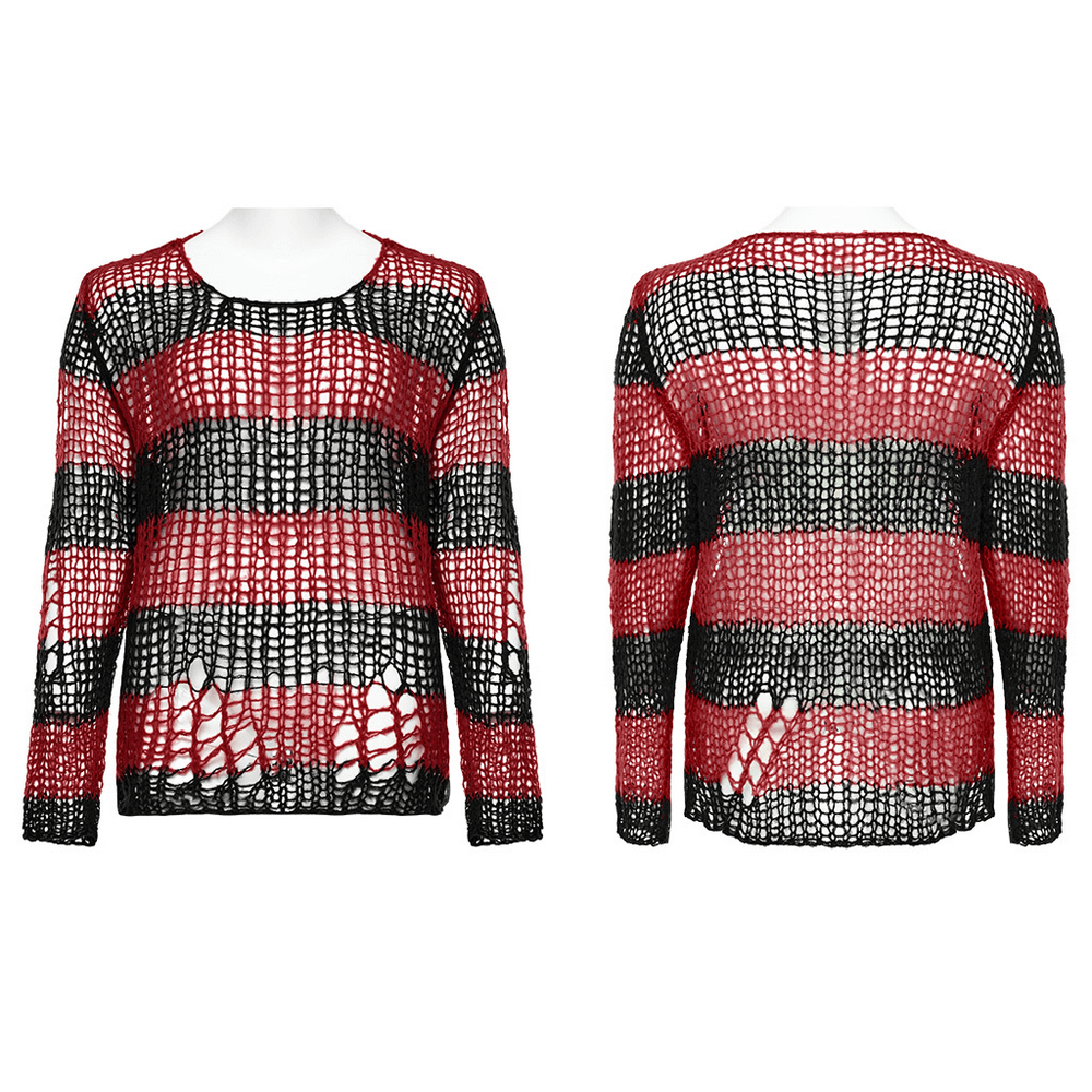 Women Gothic Striped Mohair Pullover Sweater with edgy cutouts and bold red and black stripes, stylish oversized design.