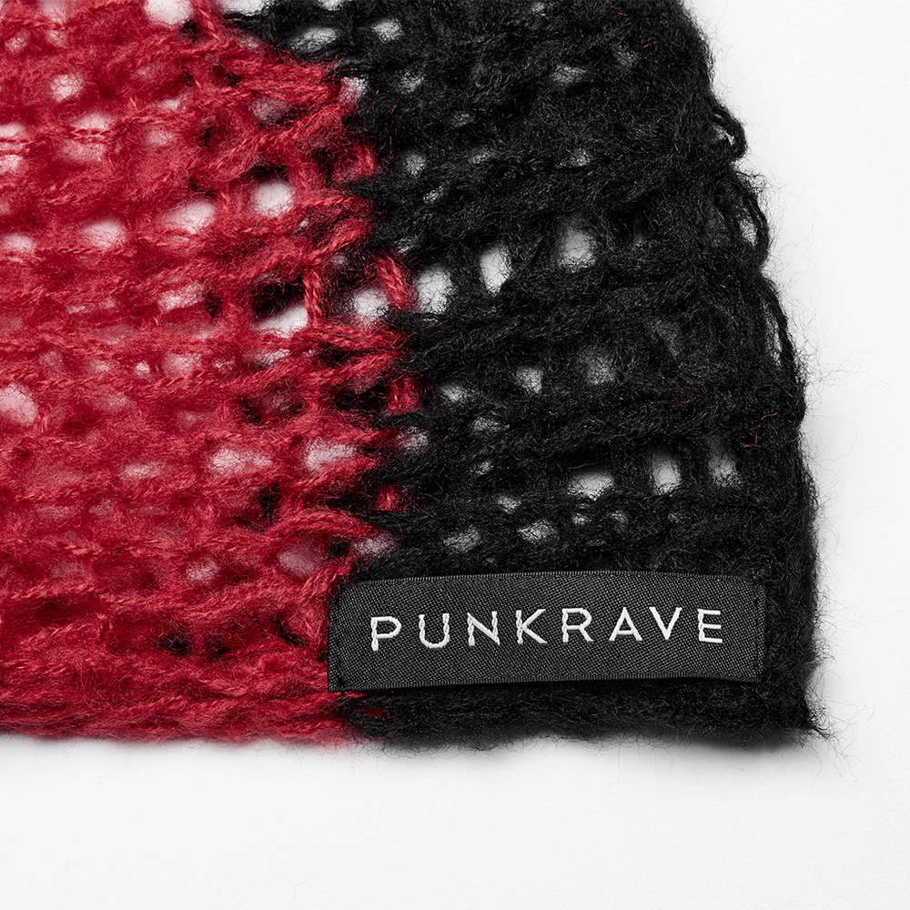 Close-up of a gothic striped mohair sweater showcasing red and black yarn with PUNKRAVE label.