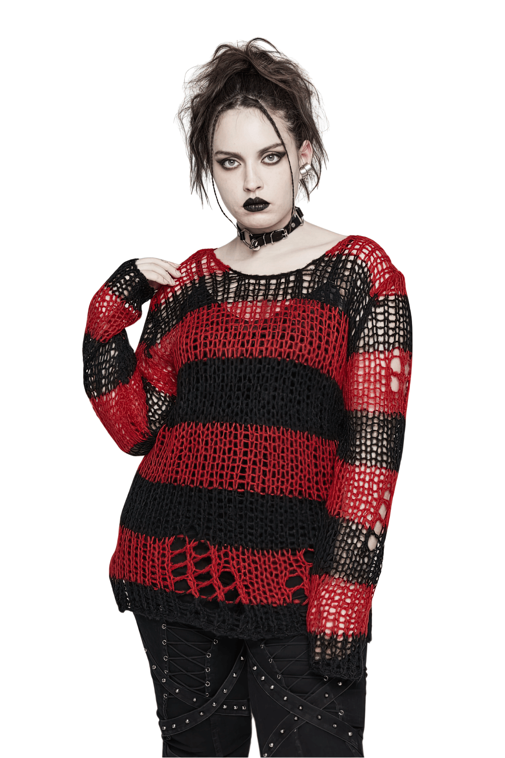 Women Gothic Striped Mohair Pullover Sweater in red and black with edgy holes for a punk look.