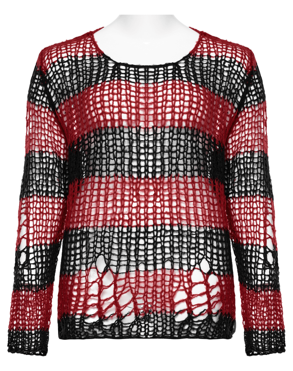 Gothic striped mohair pullover sweater with bold red and black color contrasts, featuring edgy hole details for a punk vibe.