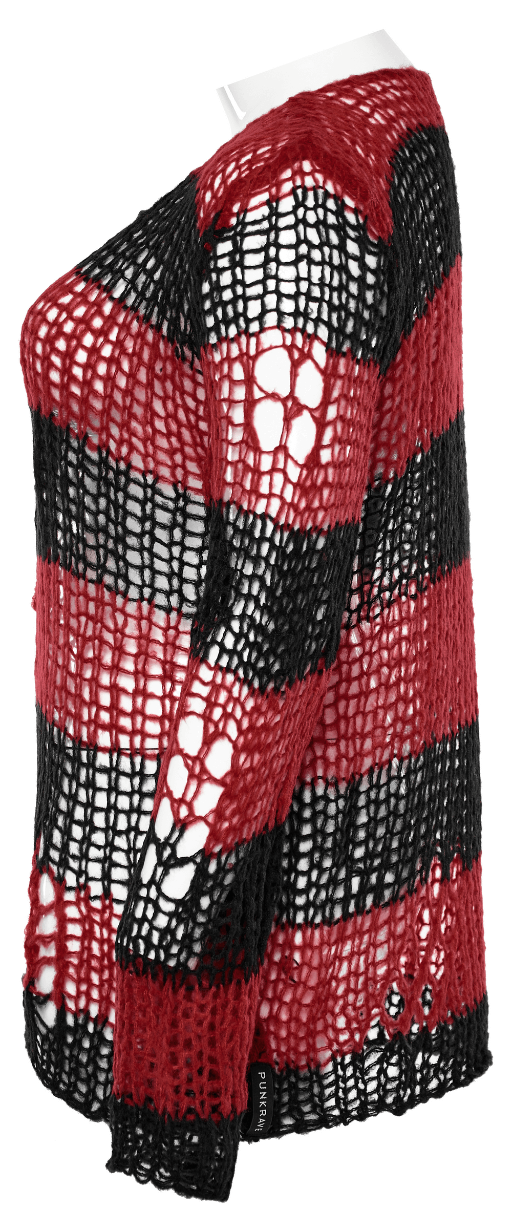 Women Gothic Striped Mohair Pullover Sweater in red and black, featuring edgy holes and an oversized silhouette.