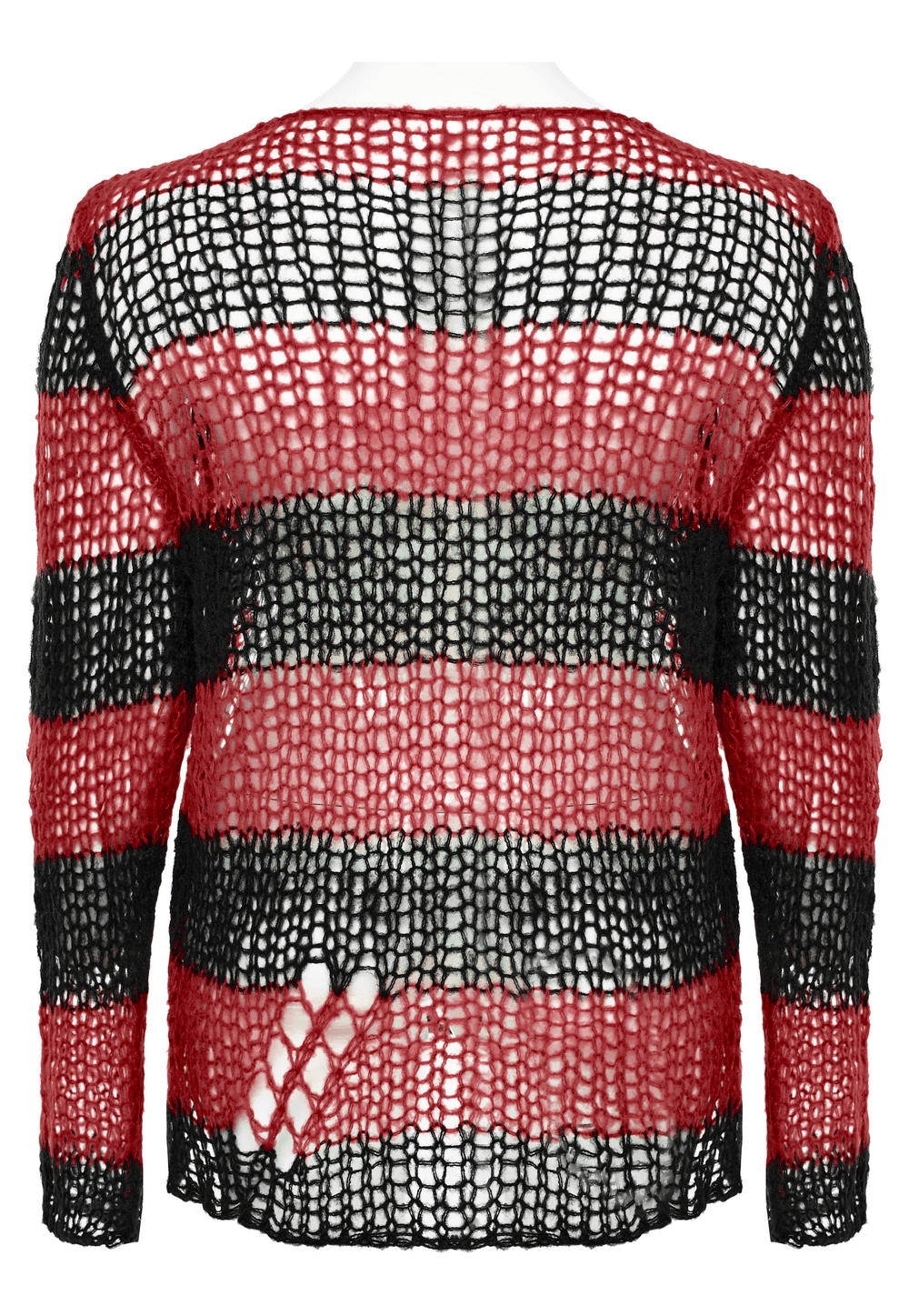 Back view of Women Gothic Striped Mohair Pullover Sweater in black and red with a dramatic oversized design.