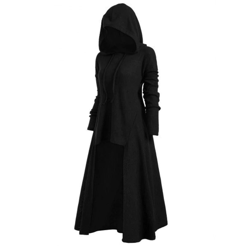 Women's Gothic hoodie coat dress in black with a stylish long sleeve and unique asymmetrical design.