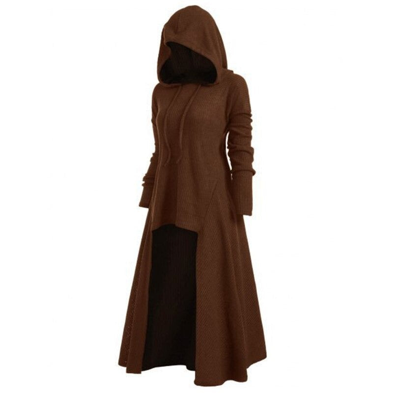 Women’s Gothic hoodie coat dress in brown, featuring a unique long design and practical hood for stylish warmth.