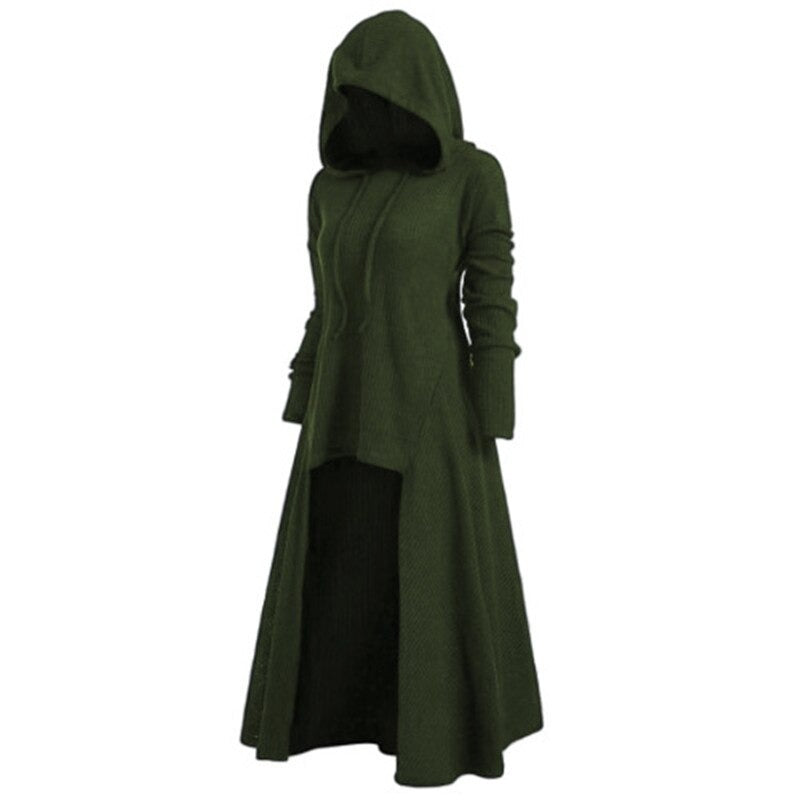 Long sleeve women's gothic hoodie coat dress in dark green, featuring a stylish hood and unique asymmetrical design.
