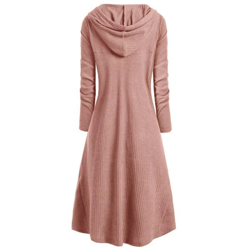 Women’s Gothic hoodie coat dress in pink, with long sleeves and a stylish hood, perfect for edgy, comfortable fashion.