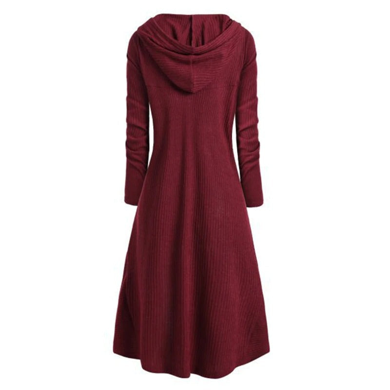 Back view of women's burgundy gothic hoodie coat dress, featuring a stylish hood and flared design.