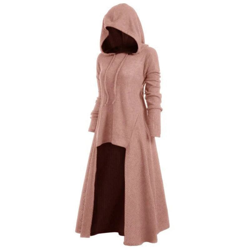 Women's Gothic hoodie dress in soft pink, featuring a hood and asymmetrical hem for a unique rock style.