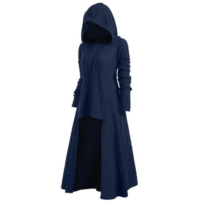 Women's Gothic style long sleeve hoodie coat dress in dark blue, featuring a hood and unique asymmetrical design.