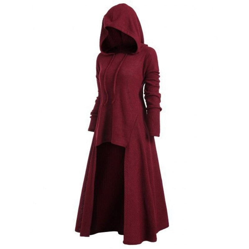 Women's Gothic hoodie coat dress in burgundy with hood, featuring a long pullover design for a unique rock style.