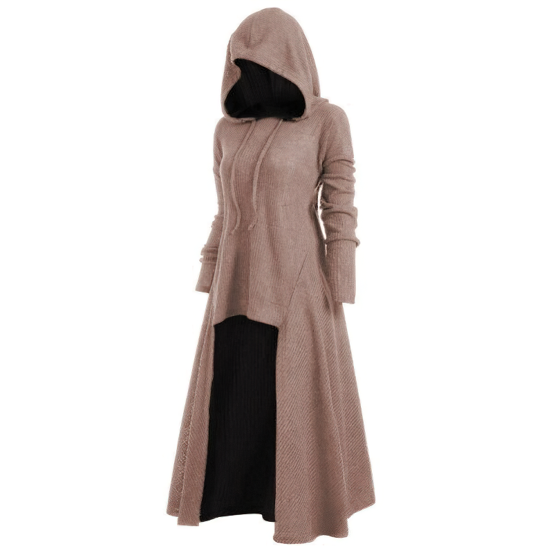 Gothic style women's hoodie coat dress with hood, long sleeves, and unique cut in a stylish beige color.