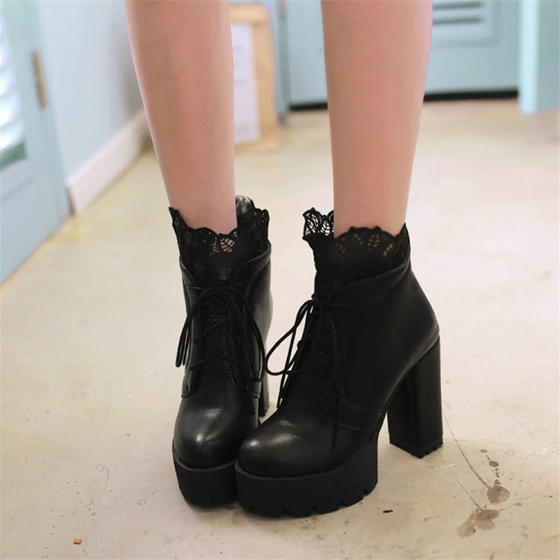 Women Lacing Platform Boots in Gothic Style / High Heels Female Black and White Short Boots - HARD'N'HEAVY