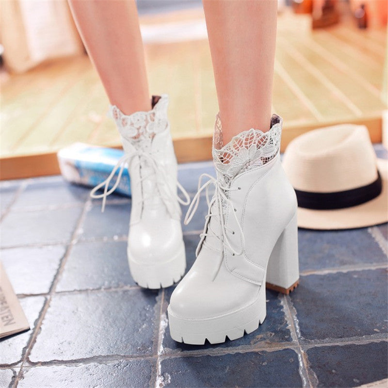 Women Lacing Platform Boots in Gothic Style / High Heels Female Black and White Short Boots - HARD'N'HEAVY