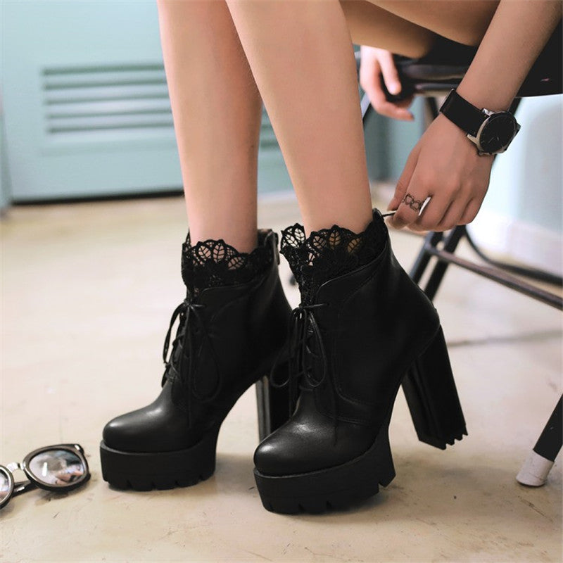 Women Lacing Platform Boots in Gothic Style / High Heels Female Black and White Short Boots - HARD'N'HEAVY