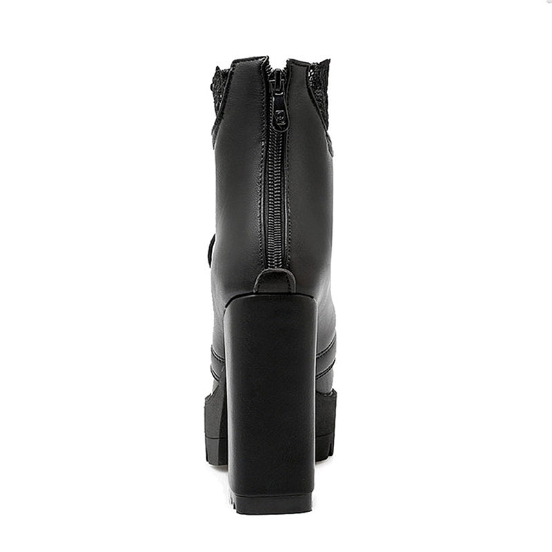 Women Lacing Platform Boots in Gothic Style / High Heels Female Black and White Short Boots - HARD'N'HEAVY