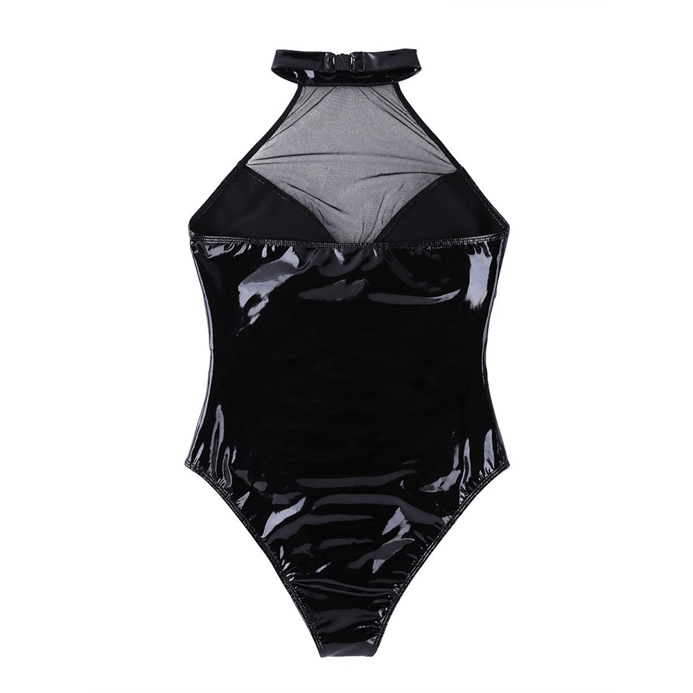 Body sexy en maille de similicuir Wetlook pour femme / Combinaison à coupe haute pour femme 