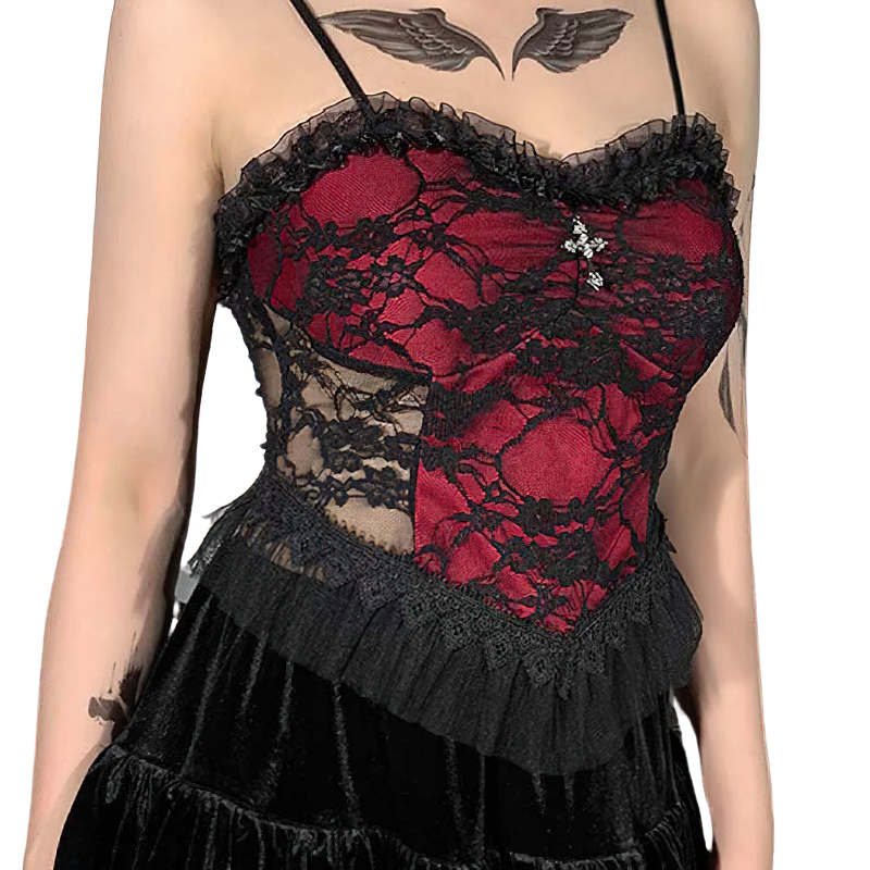 Women Rock Style Top Of Lace And Cross Decorate / Gothic Streetwear Backless And Straps - HARD'N'HEAVY