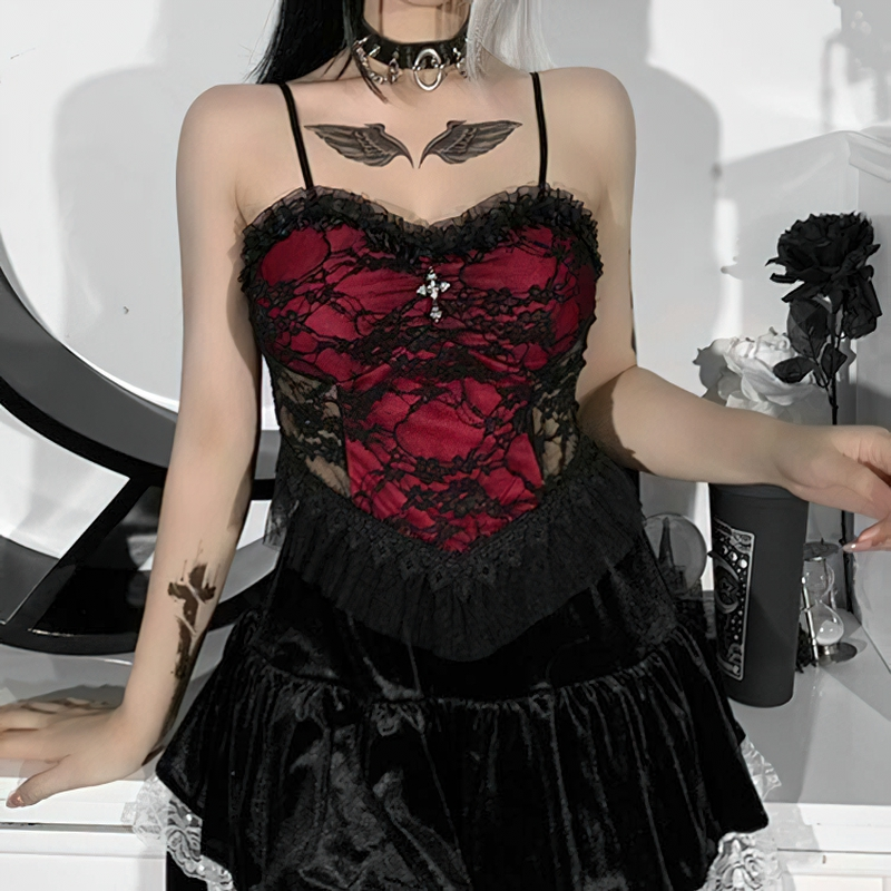 Women Rock Style Top Of Lace And Cross Decorate / Gothic Streetwear Backless And Straps - HARD'N'HEAVY