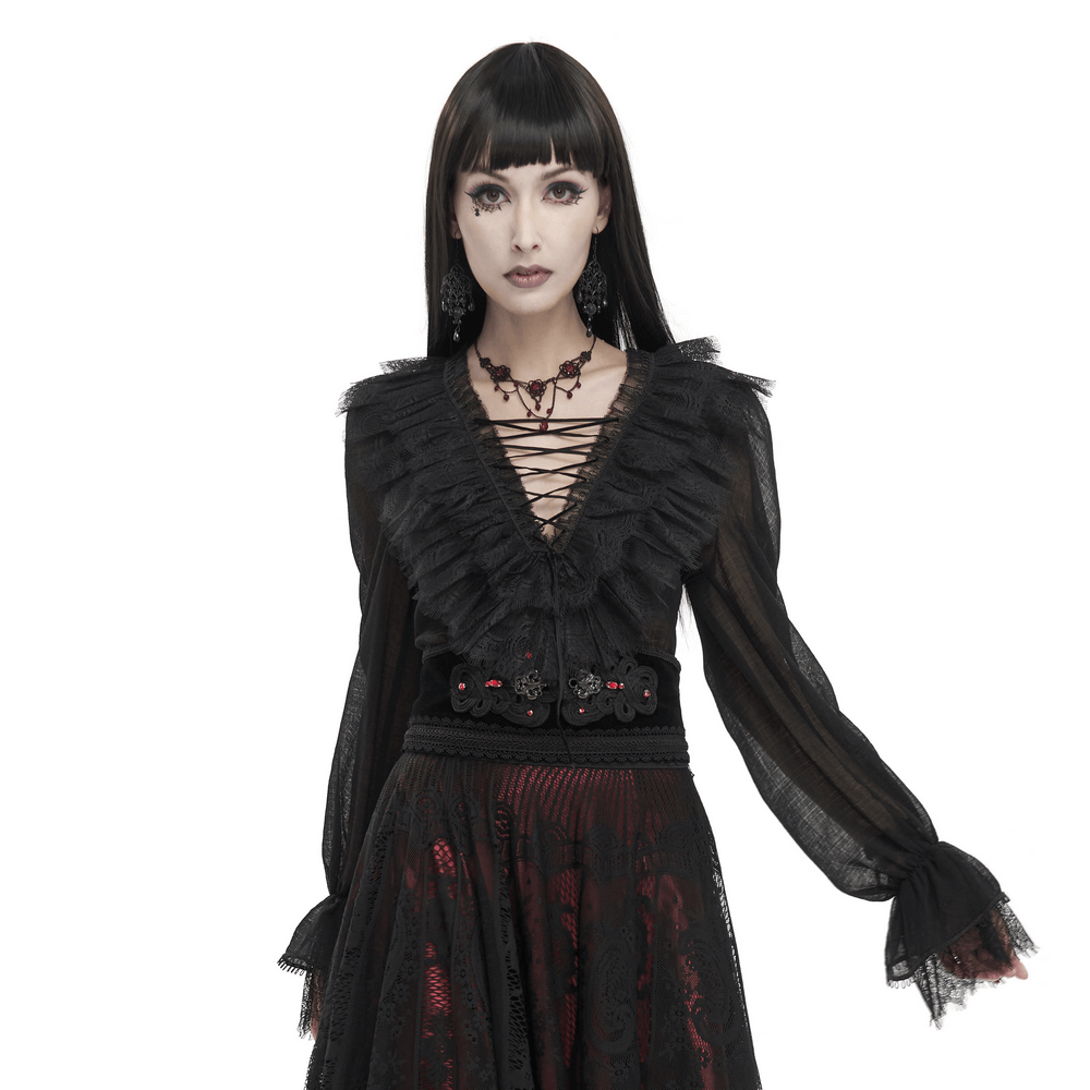 Women's Gothic Long Sleeves Top with Lace Up on Front / Elegant V-Neck Ruffle Top