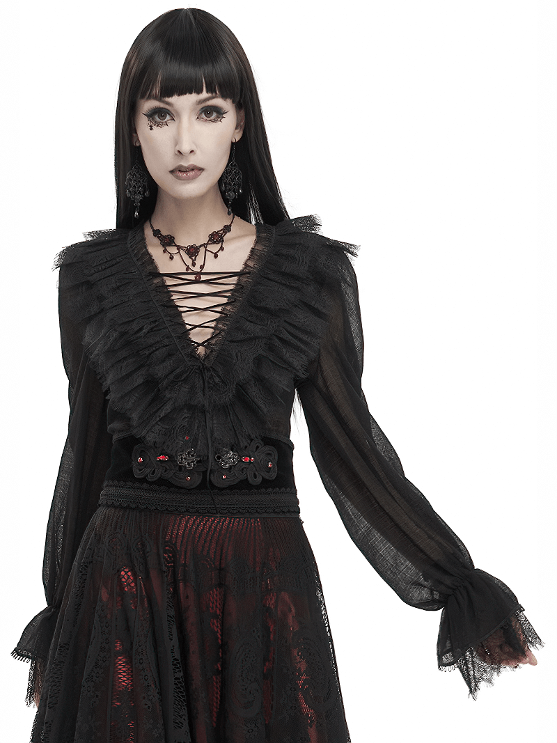 Women's gothic long sleeve top with lace-up front and elegant ruffles in black fabric.