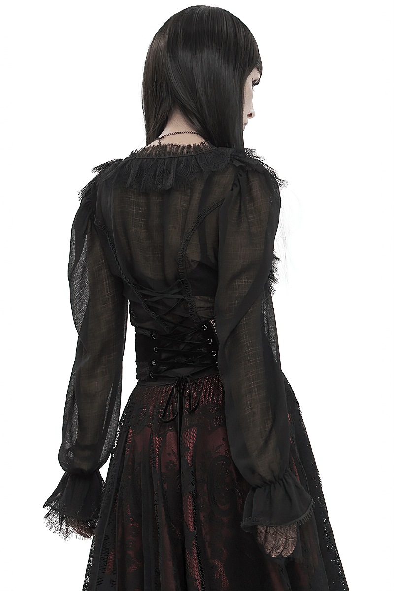 Women's gothic long sleeve top with lace-up back detail, showcasing elegant ruffles and sheer fabric.
