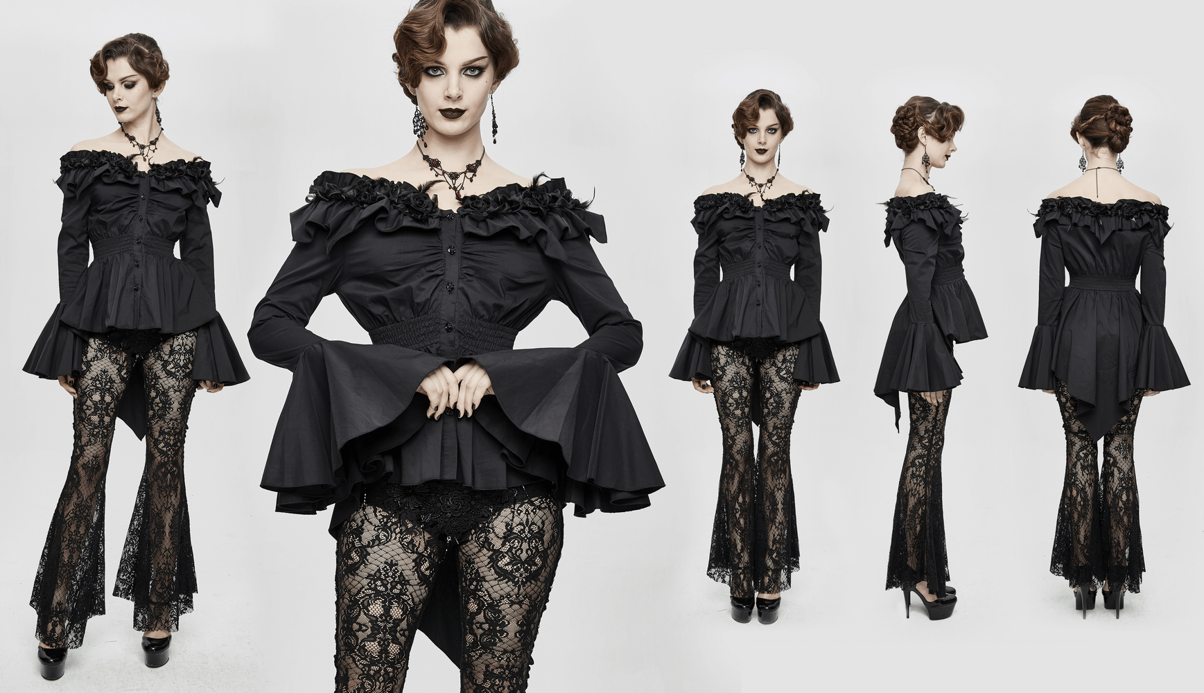 Women's gothic off-shoulder blouse with flare sleeves, styled with lace pants, ideal for a trendy gothic wardrobe.