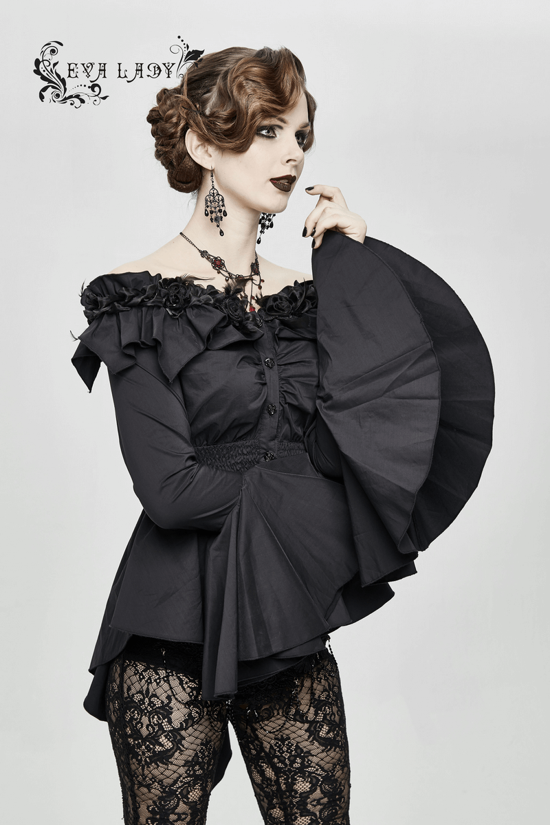 Women's gothic off-shoulder flare sleeve blouse in black with ruffles and lace accents.