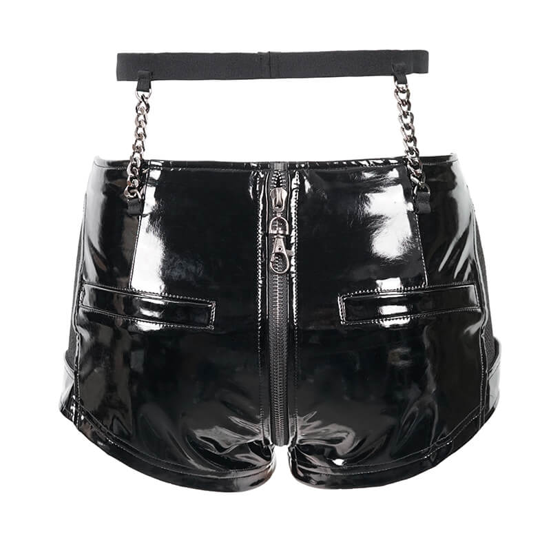 Gothic style women's black synthetic leather and mesh shorts with silver chains and zipper detail.