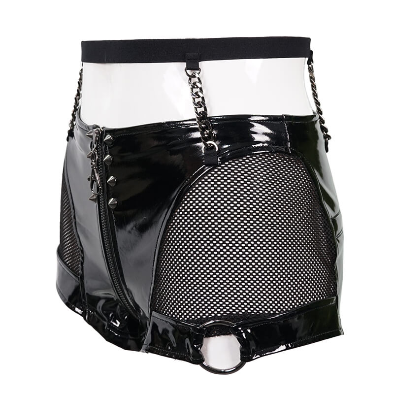 Women’s Gothic Style Black Synthetic Leather and Mesh Shorts / Sexy Ladies Zipper Shorts with Chains - HARD'N'HEAVY