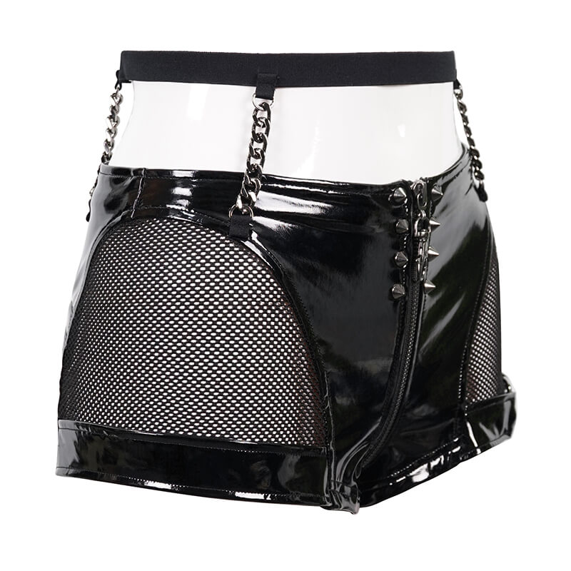 Women’s Gothic Style Black Synthetic Leather and Mesh Shorts / Sexy Ladies Zipper Shorts with Chains - HARD'N'HEAVY