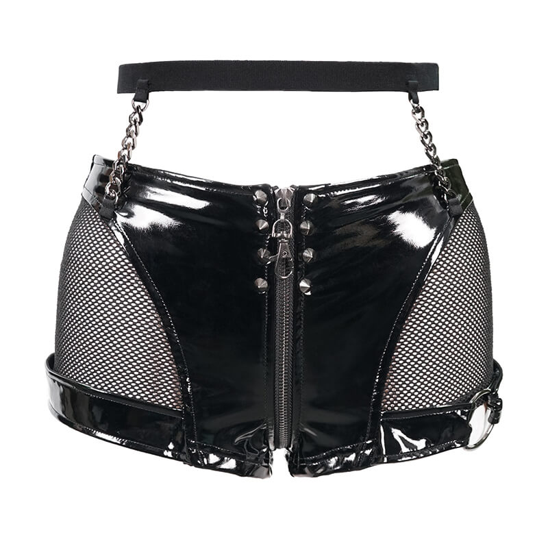 Gothic style women's black synthetic leather and mesh shorts with zipper and silver chains for a bold look.