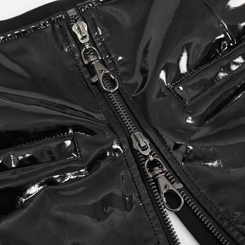Close-up of women's gothic-style black synthetic leather shorts featuring glossy texture and stylish zipper detail.