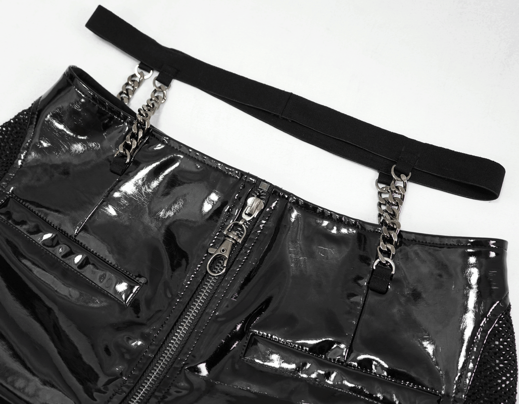 Women’s gothic style black PU leather shorts featuring silver chains and zipper details.