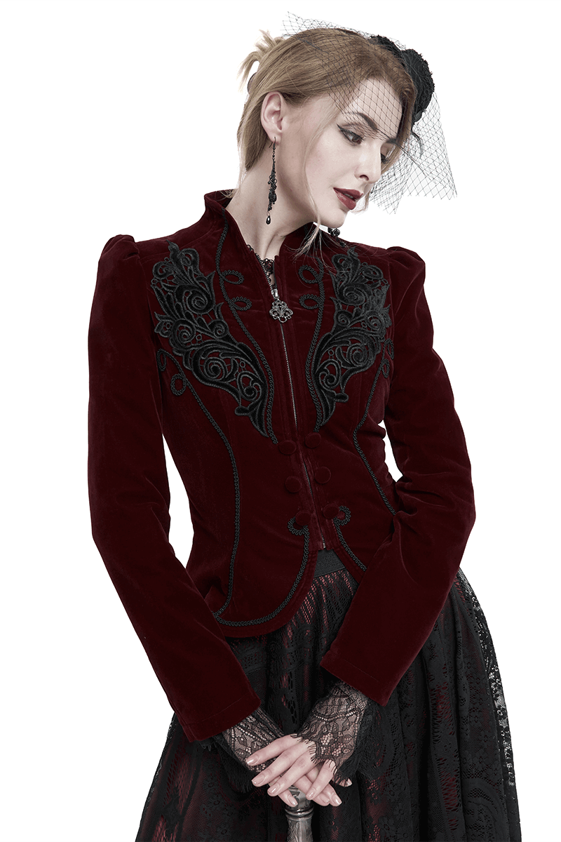 Women's Gothic Velvet Zipper Wine Red Jacket / Ladies Lace Applique and Decorative Buttons Jacket
