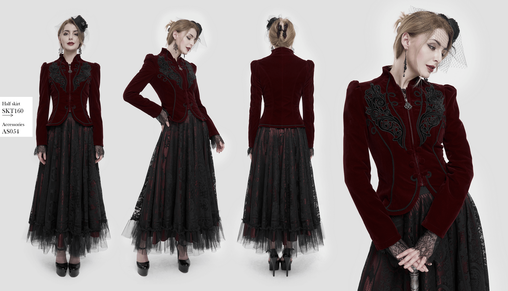 Gothic women’s wine red velvet jacket with lace appliqué and decorative buttons, styled with a black tulle skirt.
