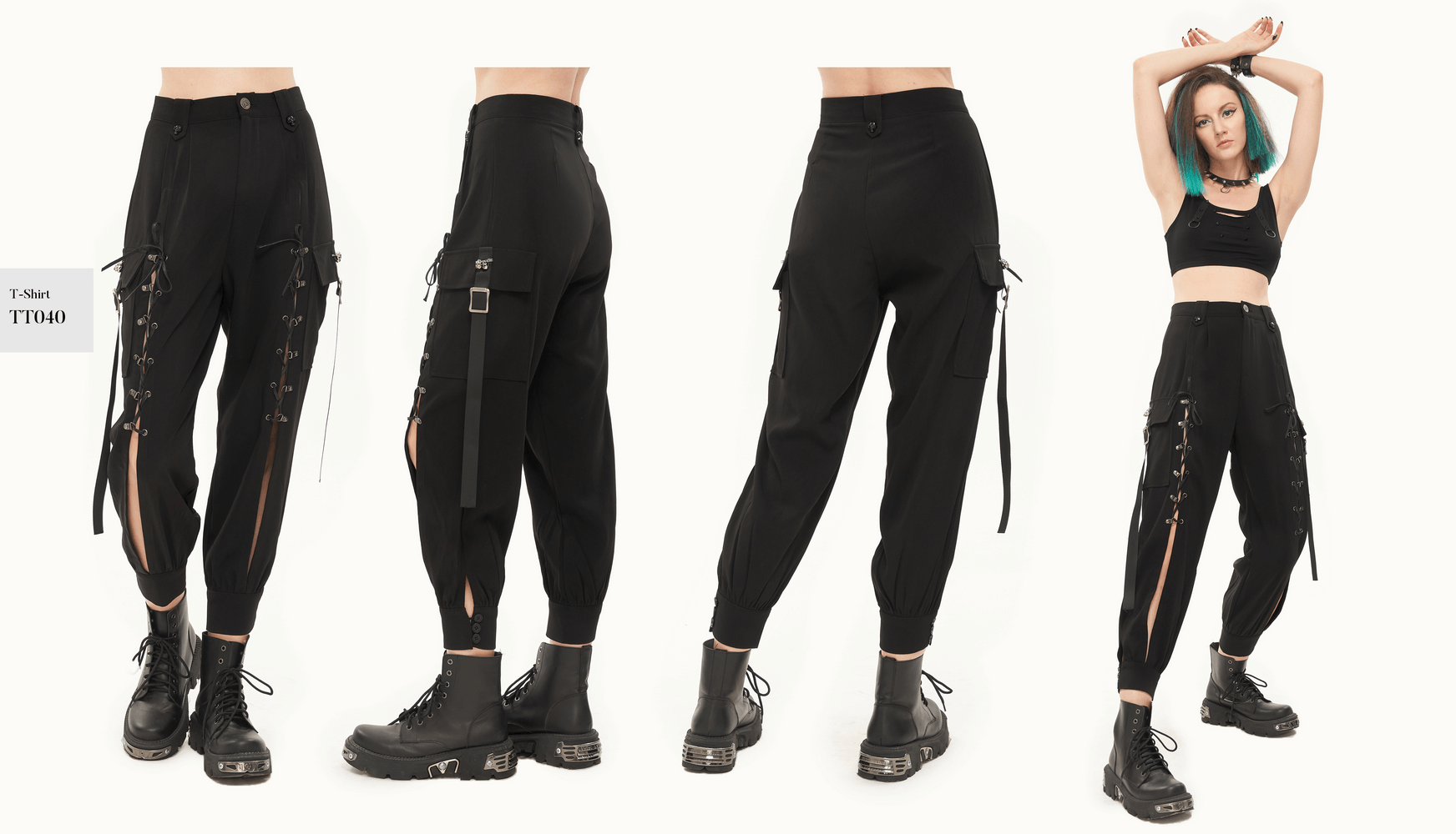 Women's Tied with Rope Hollow-Out Pants / Punk Strappy Big Pockets Jogger Pants