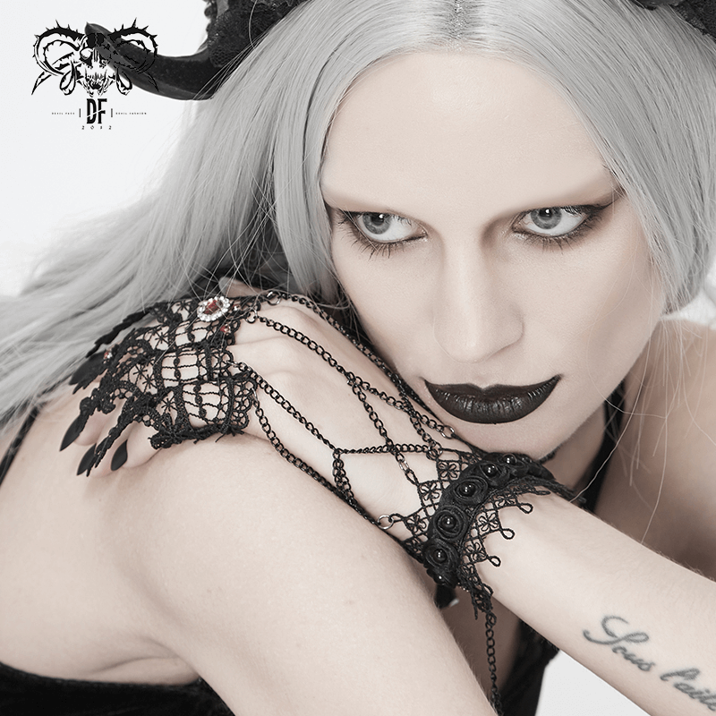Gothic Victorian black lace gloves on model, showcasing elegance and edgy style. Perfect accessory for alternative fashion.