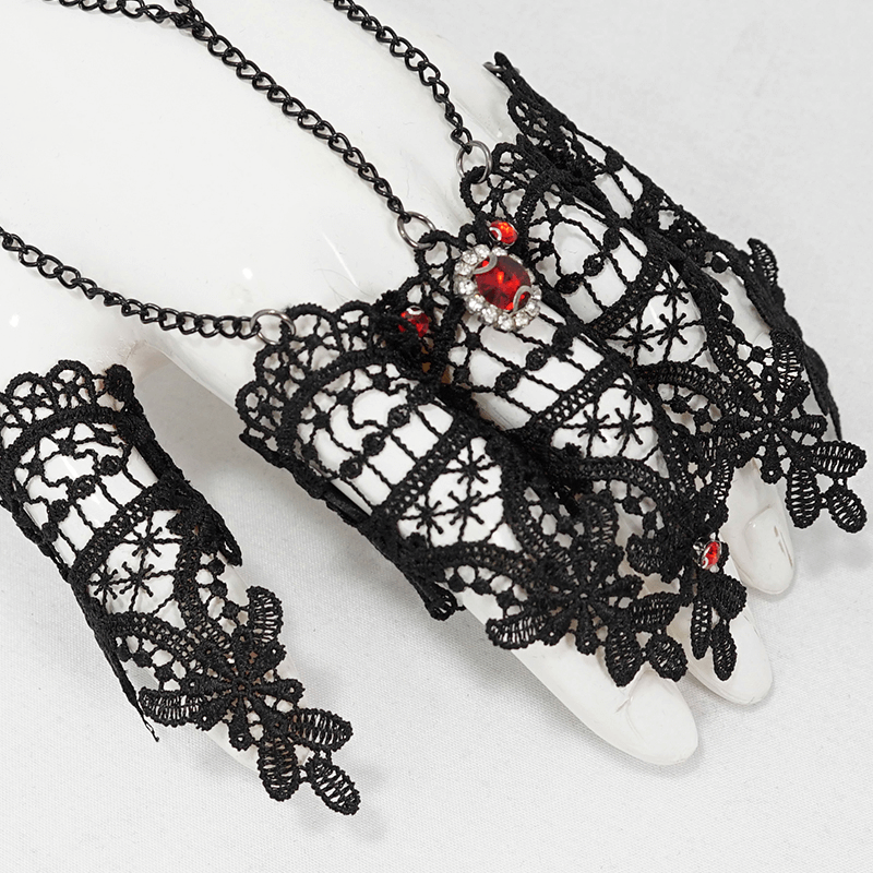 Elegant black lace Gothic gloves and necklace with red accents, perfect for a Victorian-inspired look.