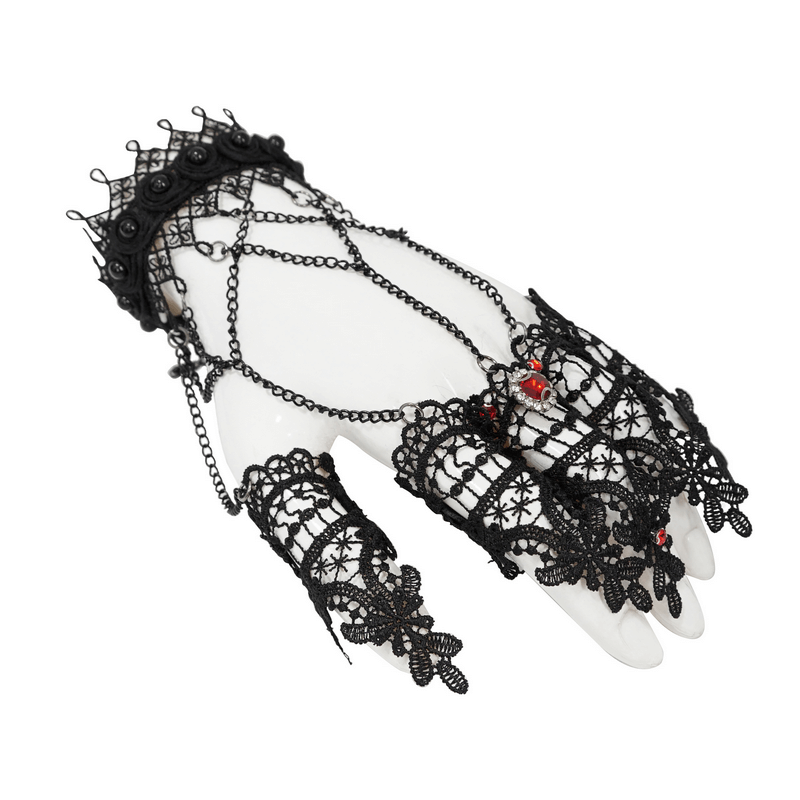 Elegant black lace and chain gloves with red accents, perfect for gothic and Victorian-inspired outfits.