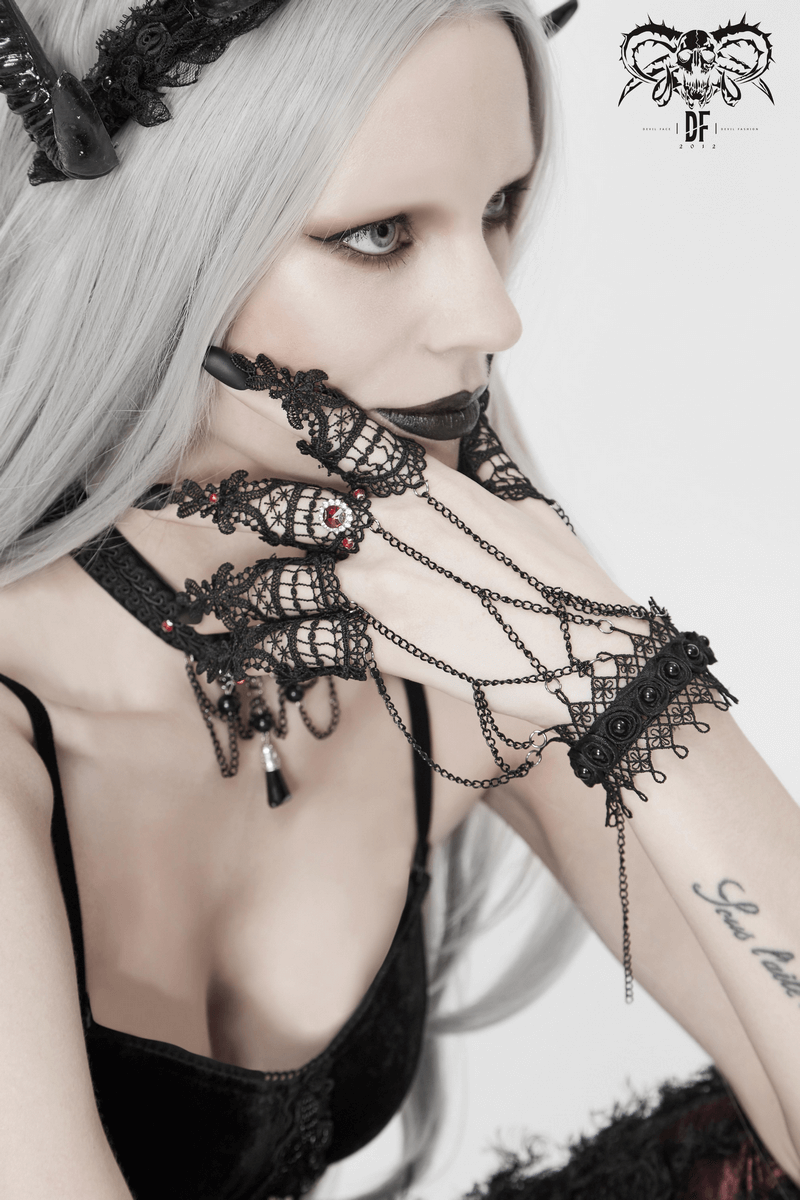 Women's Victorian Gothic Black Lace and Chain Gloves / Alternanive Sexy Accessories for Lady