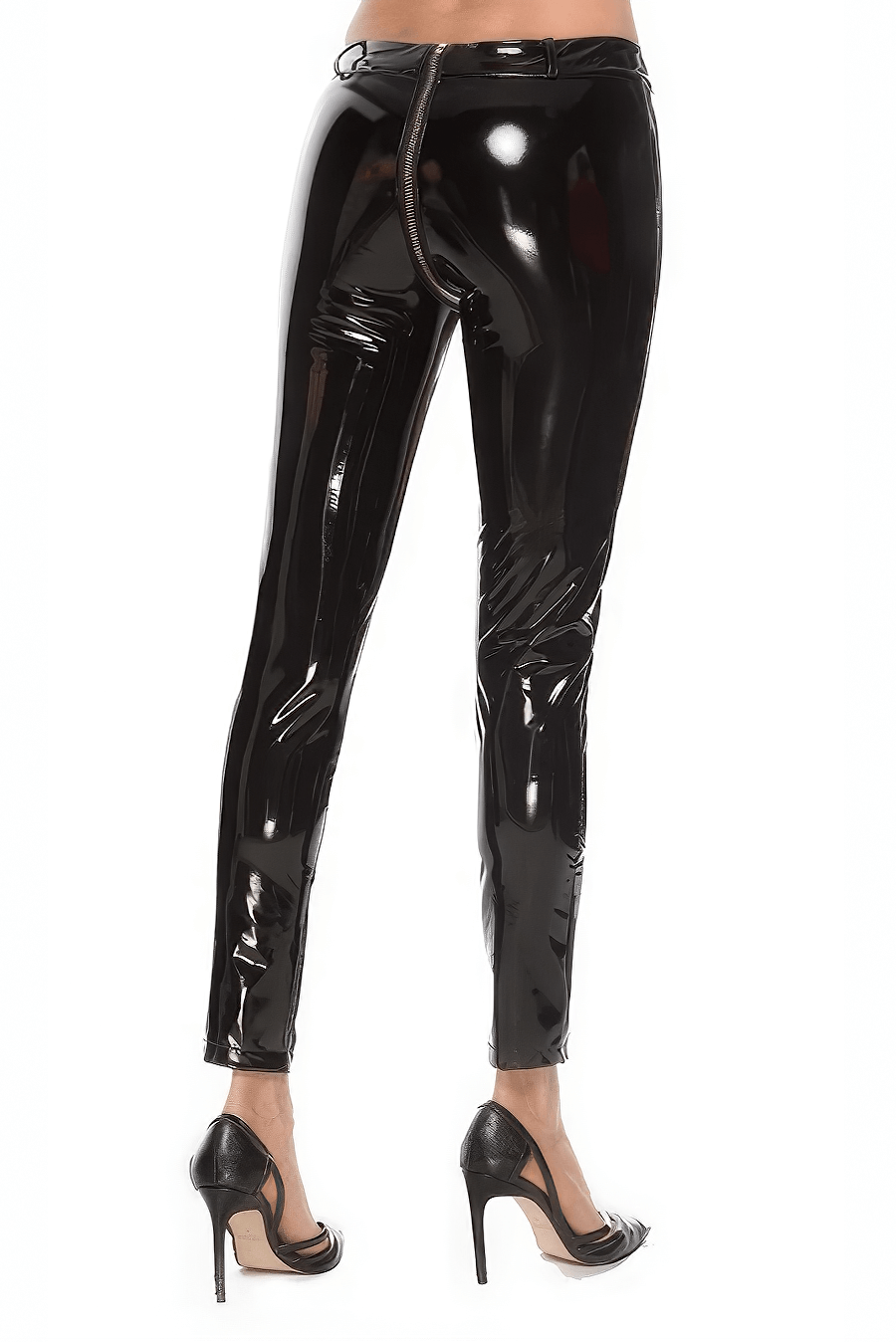Women sexy shiny black PU leather leggings with back zipper, featuring a low rise and push-up design.