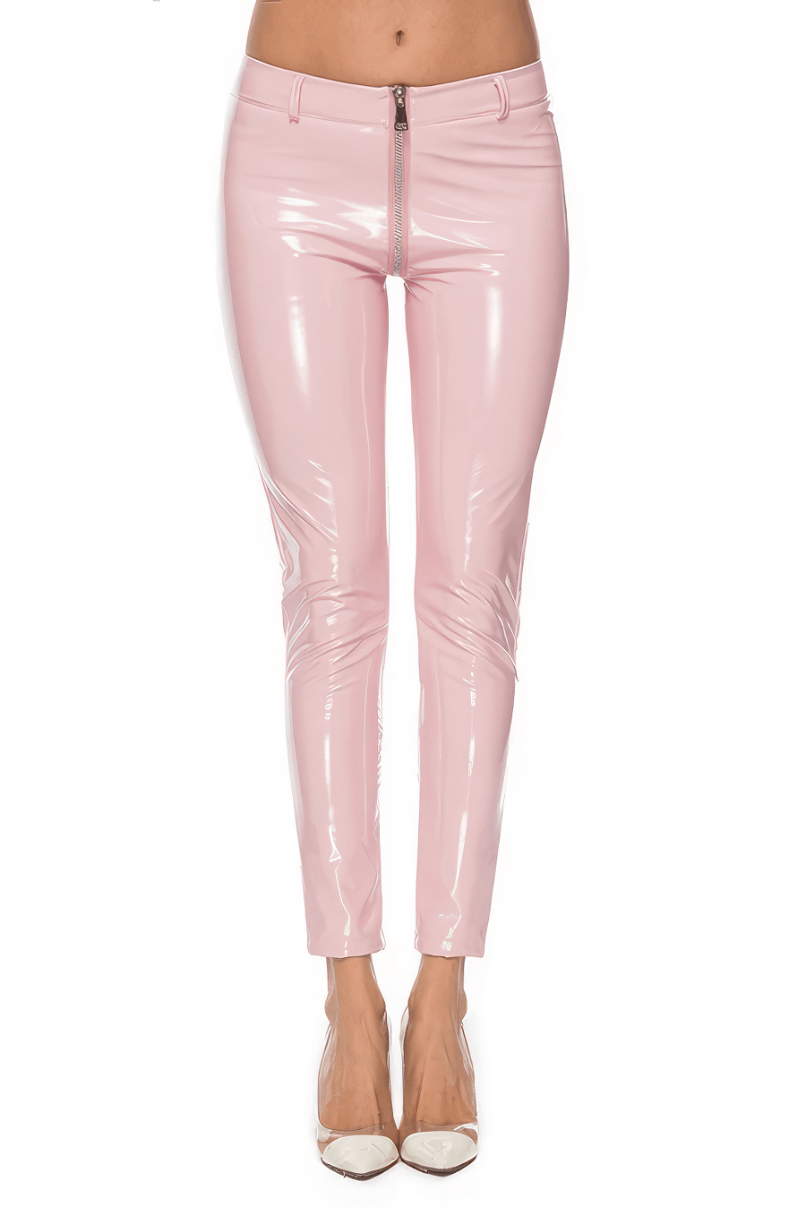 Women sexy shiny pink PU leather leggings with front zipper, perfect for adding a chic touch to any outfit.
