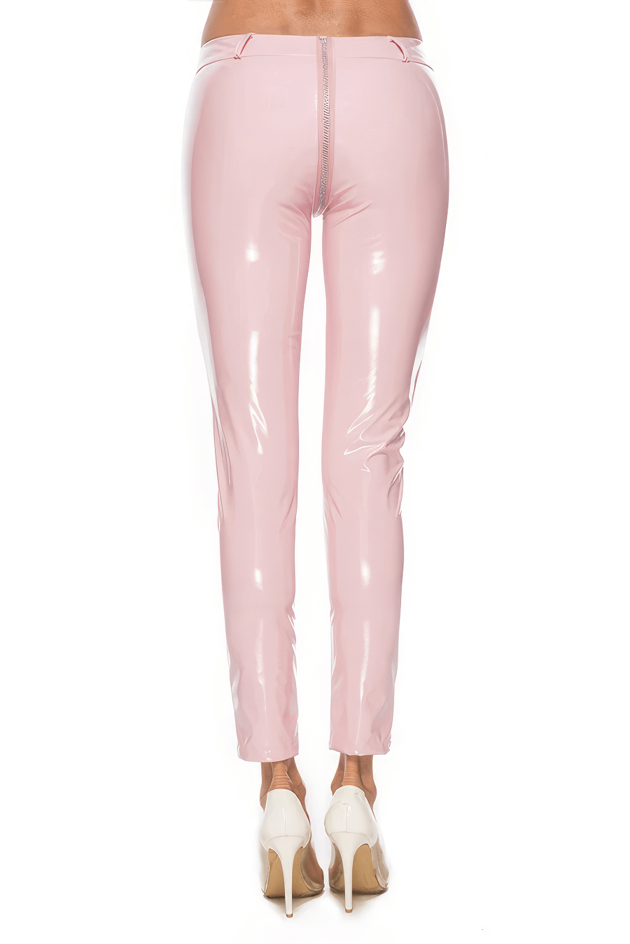 Back view of women's shiny pink PU leather leggings with zipper, ideal for edgy, stylish outfits.