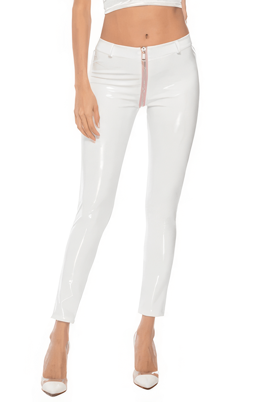 Women sexy shiny white PU leather leggings with back zipper and low rise fit, perfect for edgy outfits.